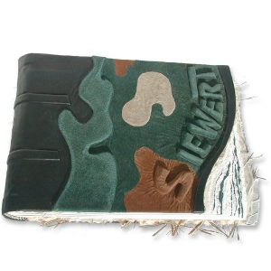 custom leather scrapbook with camouflage leather and embossed name Siewert