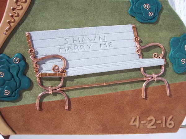 Carved Marry Me Lettering on Park Bench Leather Wedding Album