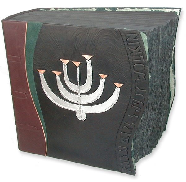 Silver and copper Menorah artwork in custom leather book cover for Rabbi