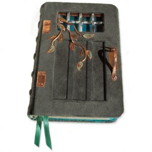 Leather Garden Gate Bible with Leaded Glass Window Copper Vine