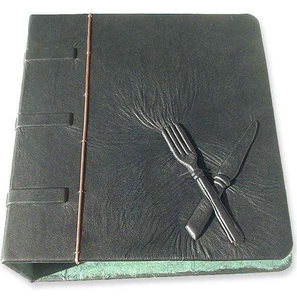 Three Ring Binder Fork and Knife Black Leather Recipe Book