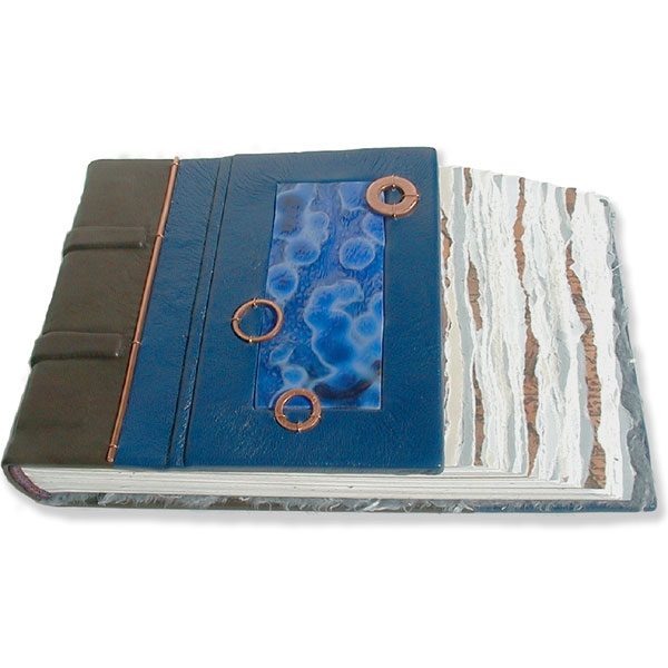 Handbound Leather Guestbook with inset stained Glass Blue Window and copper washers