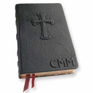 Personalized custom leather Bible with initials CMM and a cross embossed under black leather