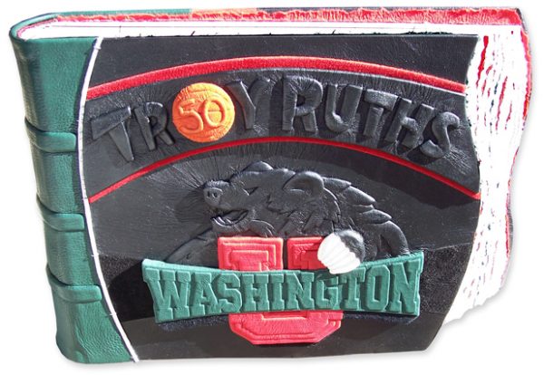 Custom leather sport photo album with Troy Ruth embossed name under black leather, orange basketball, red and green bear Washington U logo