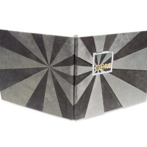 Business portfolio with leather sunburst in gray suede and metal logo on refillable screwpost covers