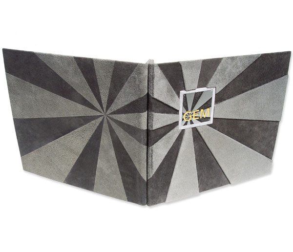 Business portfolio with leather sunburst in gray suede and metal logo on refillable screwpost covers