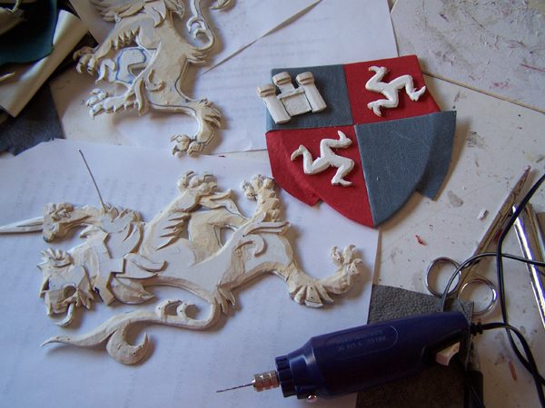 Scottish Coat of Arms in progress for Leather Album, Lions, Crest