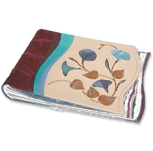 Stained Glass Morning Glory Custom Leather Scrapbook with Copper Leaves