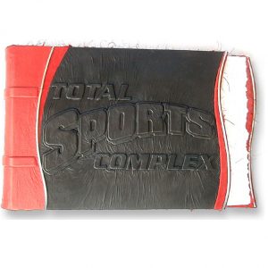 black and red leather photo album with sport logo for business