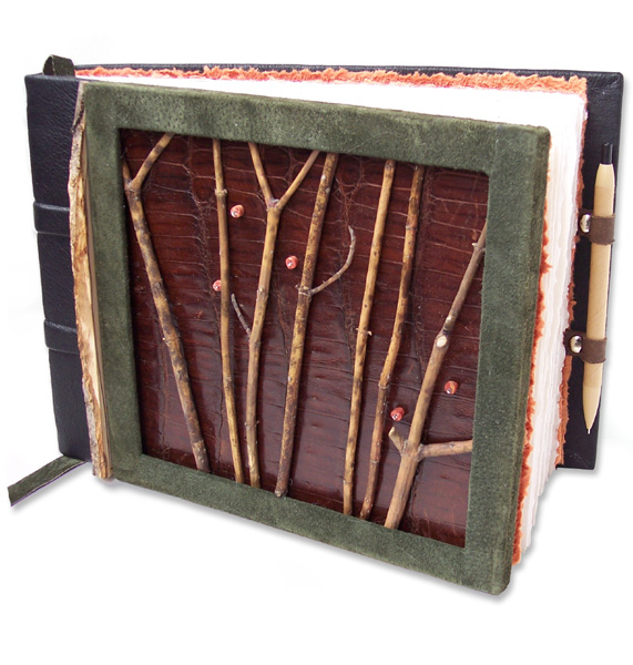 Repurposed Alligator Leather Journal with Pen holder, twigs, and coral beads
