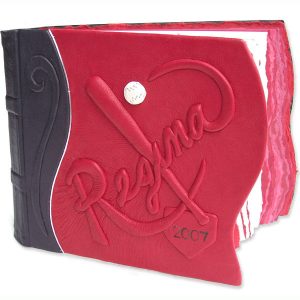 Custom red leather photo album with baseball bat, ball, home plate