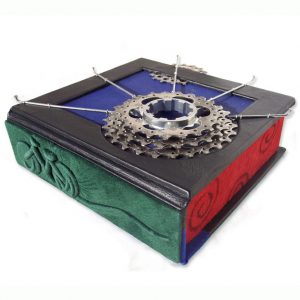 Custom Leather Clamshell Box with Bicycle Parts, Spokes, Gears