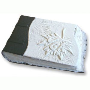 Maple Leaf Wedding Album with embossed initials under white leather