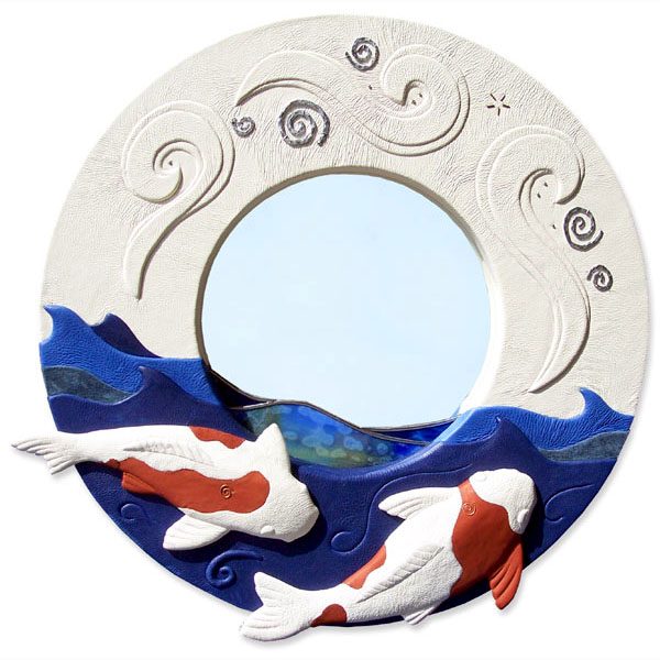 Carved Embossed Swimming Koi Fish Leather Mirror with Stained Glass, 20 inch round wall mirror
