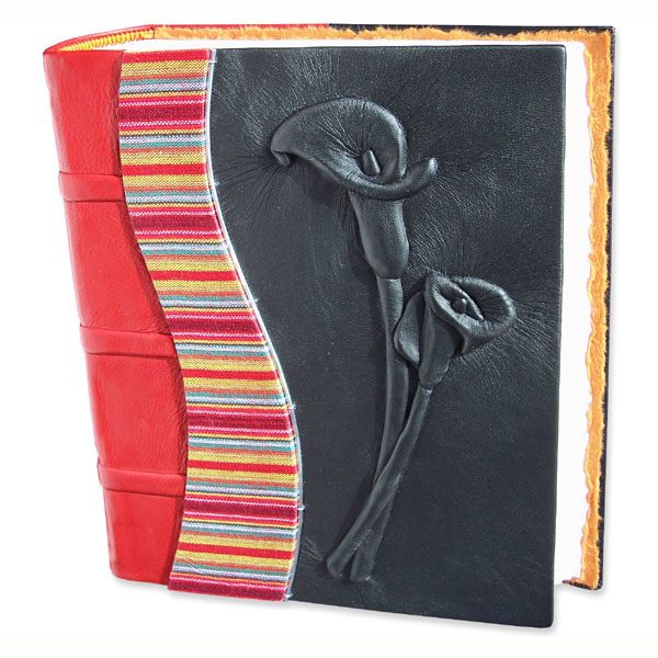 Custom red and black leather Calla Lily Wedding Album with carved and embossed flowers plus Guatemala fabric