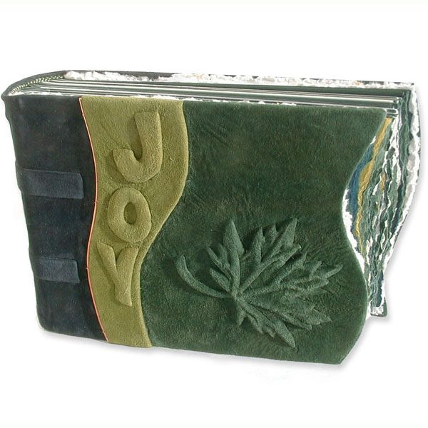 Personalized Maple Leaf Scrapbook with carved and green leather embossed name JOY