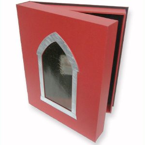 Red Clamshell Portfolio Box with Gothic Stained Glass Window