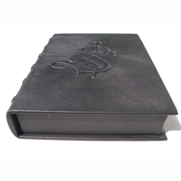 black leather clamshell box with embossed gothic initial S