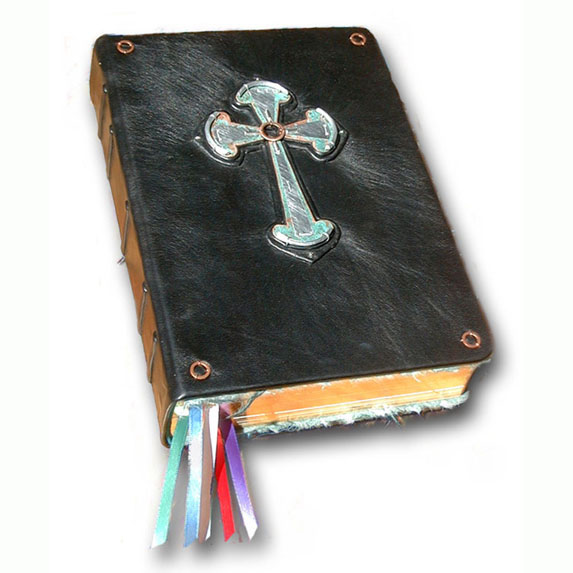 Custom Black Leather Celtic Cross Bible in copper and silver