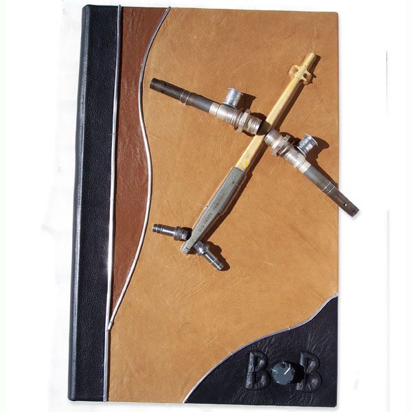 Custom Leather Aviation Portfolio Folder with Pilot Name and Airplane Parts