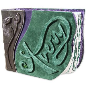Embossed green suede Leather Baby Book with carved name Avery and leaves