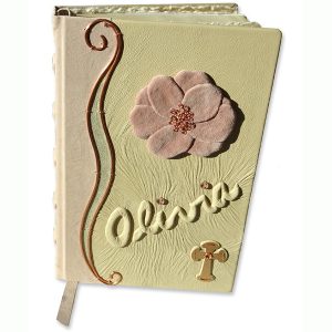 bible, bible cover, custom, leather, flower, camellia, pink, cross, celtic cross, copper, personalized, embossed, name