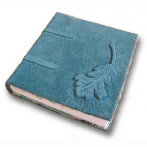 Suede Green Oak Leaf Guestbook with carved leaf