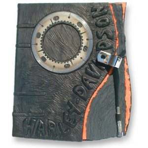 Carved and Embossed Harley Davidson Leather Scrapbook Album with Clutch Plate and Motorcycle Parts