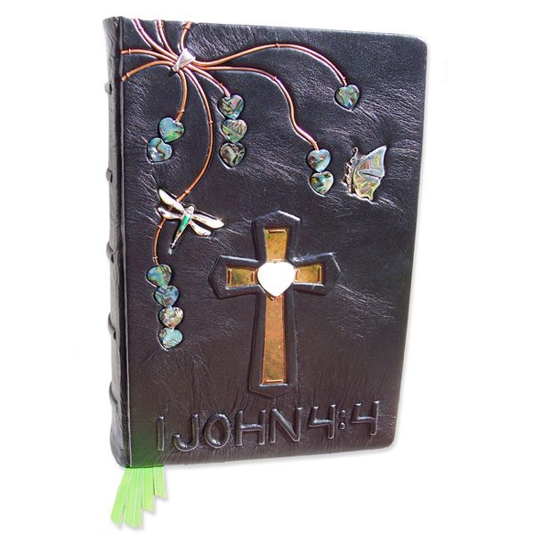 Custom leather Heart Bible with Dragonfly and butterfly, embossed 1 John 4:4, mother of pearl, copper cross