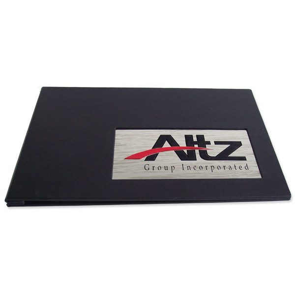 Metal Logo Business Portfolio with stainless steel waterjet cut emblem on black leather screwpost book