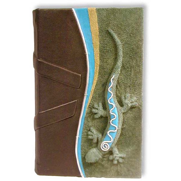 leatherbound blank journal with handcarved and embossed lizard on cover in green, turquoise, and black leather
