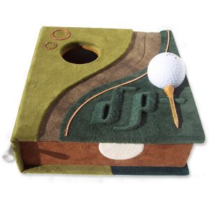 Personalized leather hole in one gold themed box with golf ball and tees