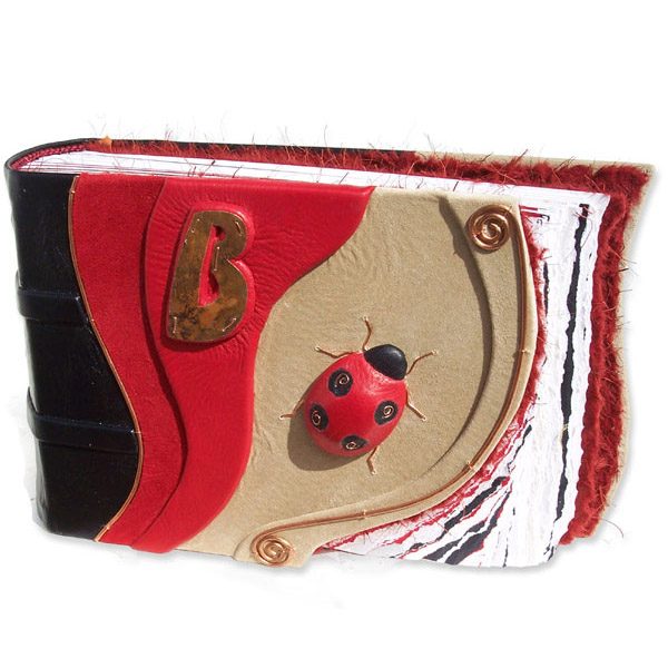 Ladybug Scrapbook Album with leather wrapped ladybug, copper legs and swirls, and Initial B