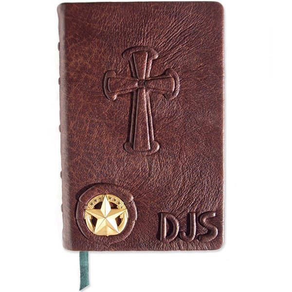 Personalized Brown Leather Military Bible with Star Crest and Embossed Initials