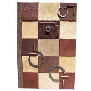 Custom Leather Mosaic Portfolio File Folder - Name and Diesel Truck Engine Parts in tan and brown leather checkerboard raised squares.