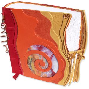 Custom Leather Stained Glass Swirl Album with Copper pagemarker and Lace Tie and red, orange, yellow leathers