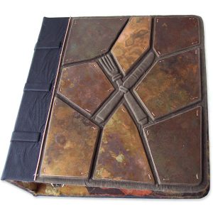 Custom Leather Three Ring Recipe Book with Copper Mosaic around Utensils