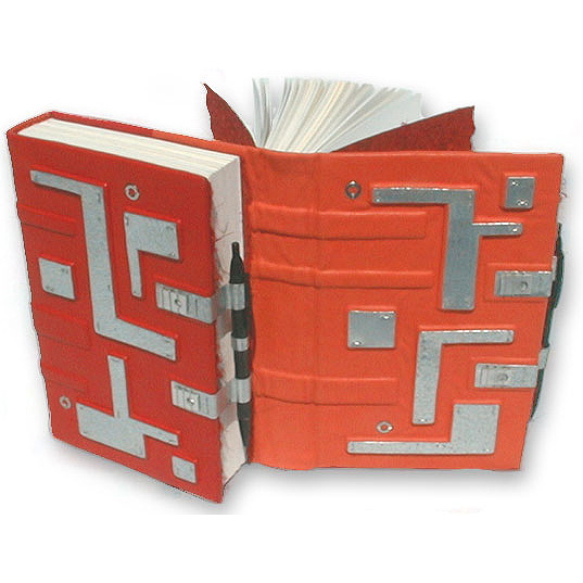 dos-a-dos back to back tandem books in orange and red leathers with pen closures and silver mosaic patterns