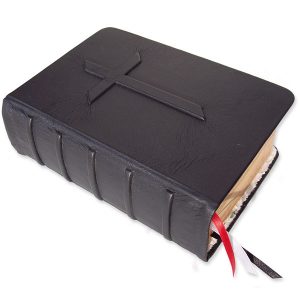 Embossed Black Leather Bible with Pointed Raised Cross and Spine Cords