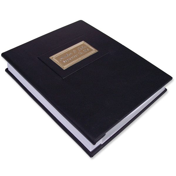 black leather wedding book bound with screwposts, engraved brass plate