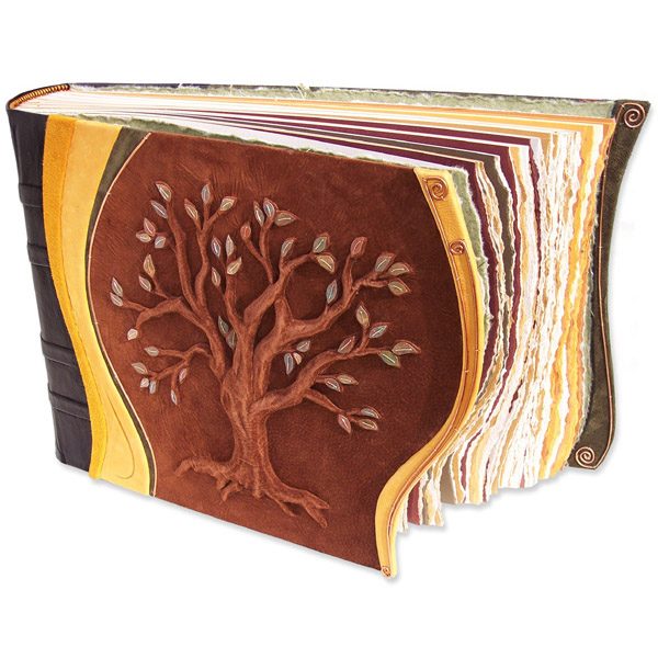 Family Tree Leather Scrapbook Album with Tree of Life carved and embossed with 50 copper leaves