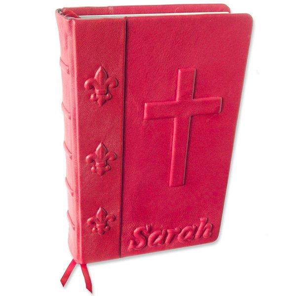 Fleur-De-Lis Custom Leather Red Bible with Embossed Name and Cross