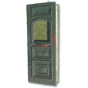 Door shaped green leather journal with Italian door design, glass window, green handmade paper endsheets, copper hardware.