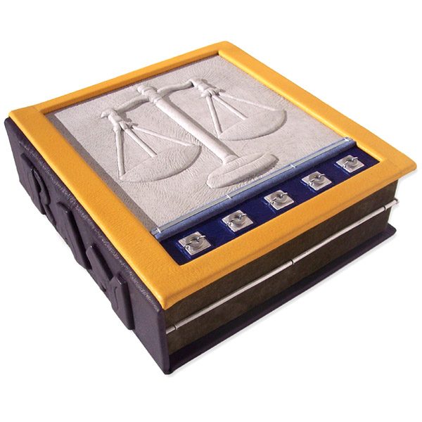 custom leather box with scales of justice embossed under white leather, gold frame