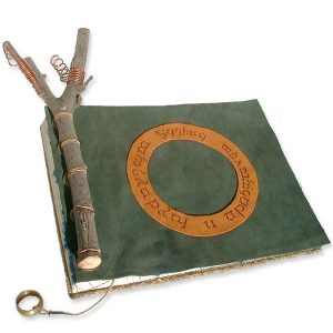 Lord of the Rings green suede leather scrapbook with twig binding, Elvish text on gold leather ring