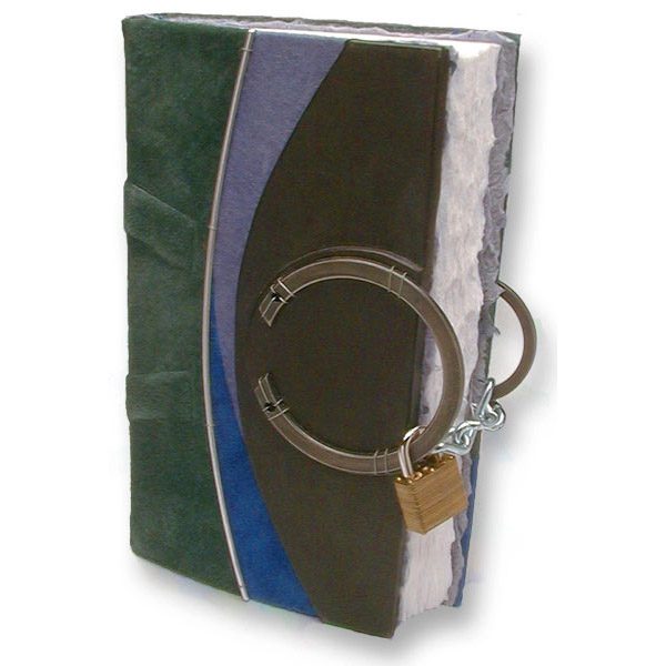 blue, green, and black leather blank diary with padlock around steel rings