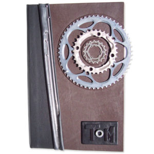 Bicycle Gears and bike inner tube on custom leather legal document file folder with embossed name panel