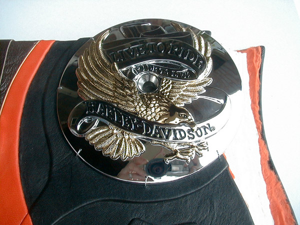 Live to Ride, Ride to Live gold Eagle Harley Davidson logo on round chrome motorcycle part on book cover