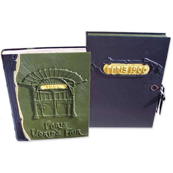 Paris World's Fair custom leather book and box set with embossed art nouveau metro entrance