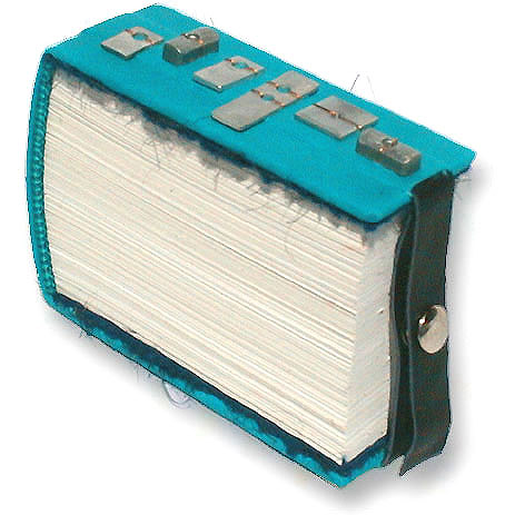 tall slim turquoise leather book with metal parts on cover and snapped closure